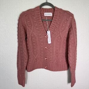 Self Contrast Sweater Cardigan Womens XS Pink Cable Knit Cropped Anthropologie